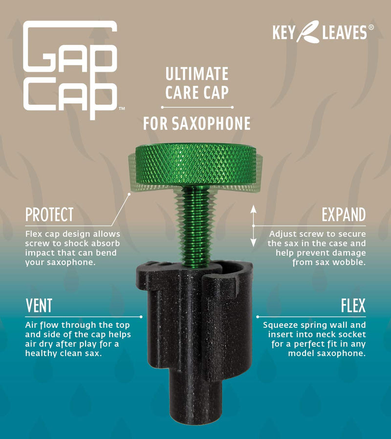 GapCap Alto Saxophone end plug flex fits in your sax, expands to fit your case, vents air to dry the body tube, and shock absorbs impact like no other end cap
