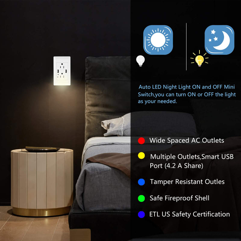 NineLeaf 4.2A LED Night Light Outlet Wall Adapter with 2 AC Outlets and 2 USB Ports Light Sensor Portable for Home White fast charging 2 Packs