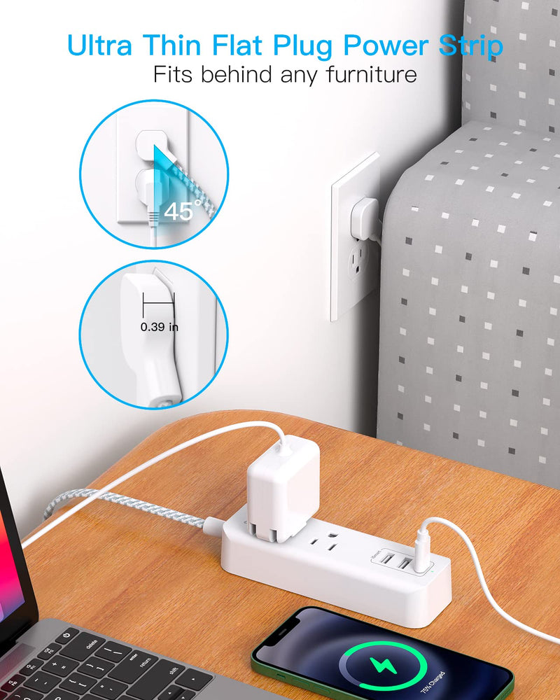 Cruise Essentials, USB C Travel Power Strip, Flat Plug Power Strip with 2 Outlets 3 USB Ports (1 USB C), 5ft Flat Extension Cord USB Charging Station, Non Surge Protector for Cruise Ship, Travel, Home 5 Ft White
