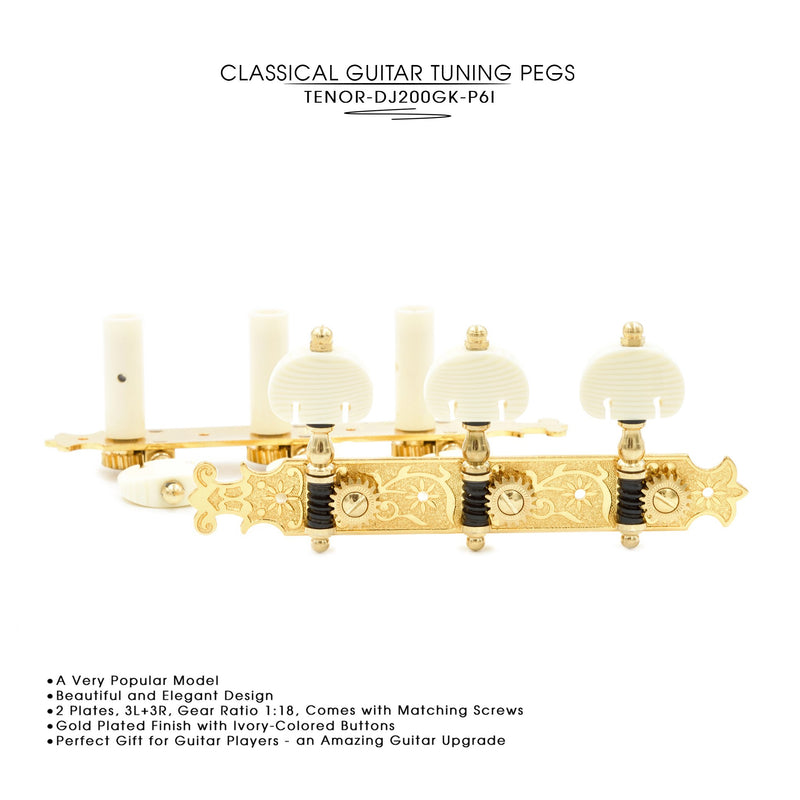 DJ200GK-P6I TENOR Classical Guitar Tuners Professional Tuning Key Pegs/Machine Heads for Classical or Flamenco Guitar with Gold and Black Finish and Ivory Colored Buttons. TENOR 200 TENOR-DJ200GK-P6I