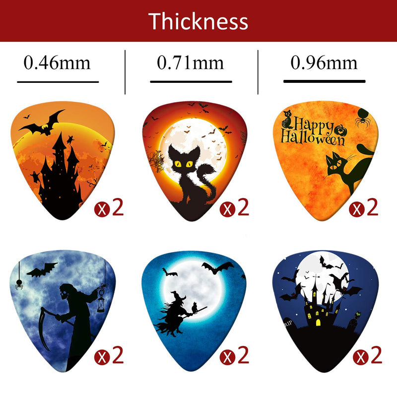 Halloween Guitar Picks Castle Skull Witch Black Cat Bat Pumpkin Guitar Plectrums for Bass Electric Acoustic Guitars Thin (0.46 mm), Medium (0.71 mm), Heavy (0.96 mm) Size