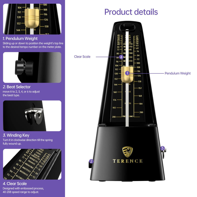 [AUSTRALIA] - Mechanical Metronome, Universal Metronome for Piano Guitar Violin Drums and Other Instruments, Loud Sound, Accurate Track Beat and Tempo for Beginners(Black) 