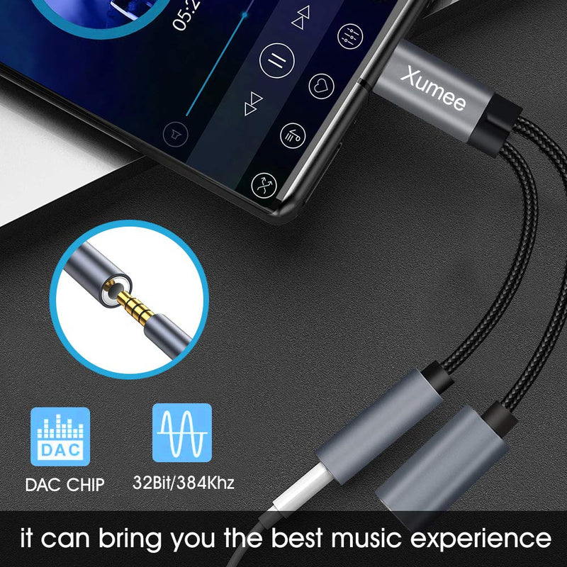 USB Type C to 3.5mm Headphone and Charger Adapter,Xumee 2-in-1 USB C to Aux Audio Jack Hi-Res DAC and Fast Charging Dongle Cable Compatible with Pixel 4 3 XL, Galaxy S21 S20 S20+ Plus Note 20 (Grey) Grey