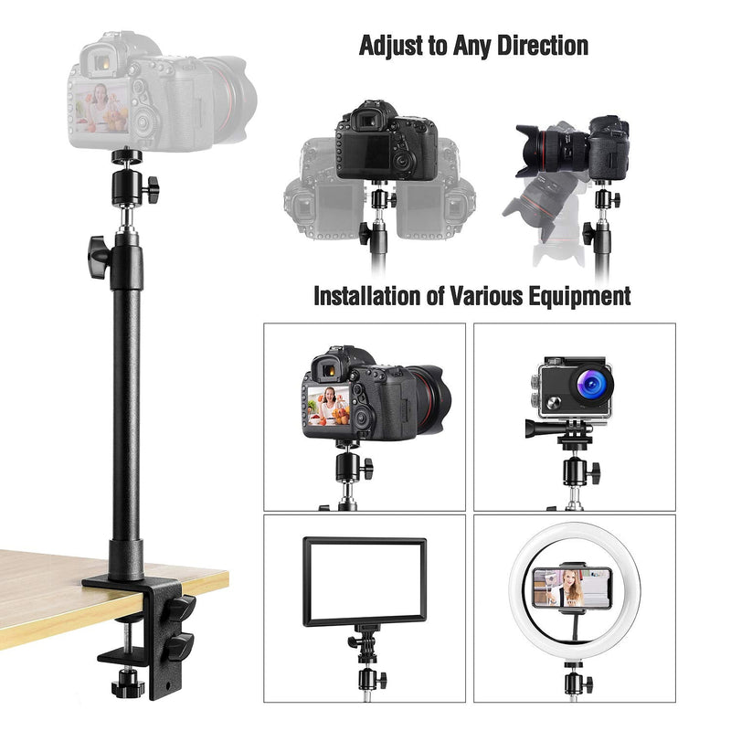 Desk Camera Mount Stand, 14-25.5 inch Tabletop C Clamp Mount Stand, Adjustable Aluminum Light Stand with 360° Rotatable Ball Head, 1/4“ Screw Tip for DSLR Camera/Ring Light/Video Light/Webcam