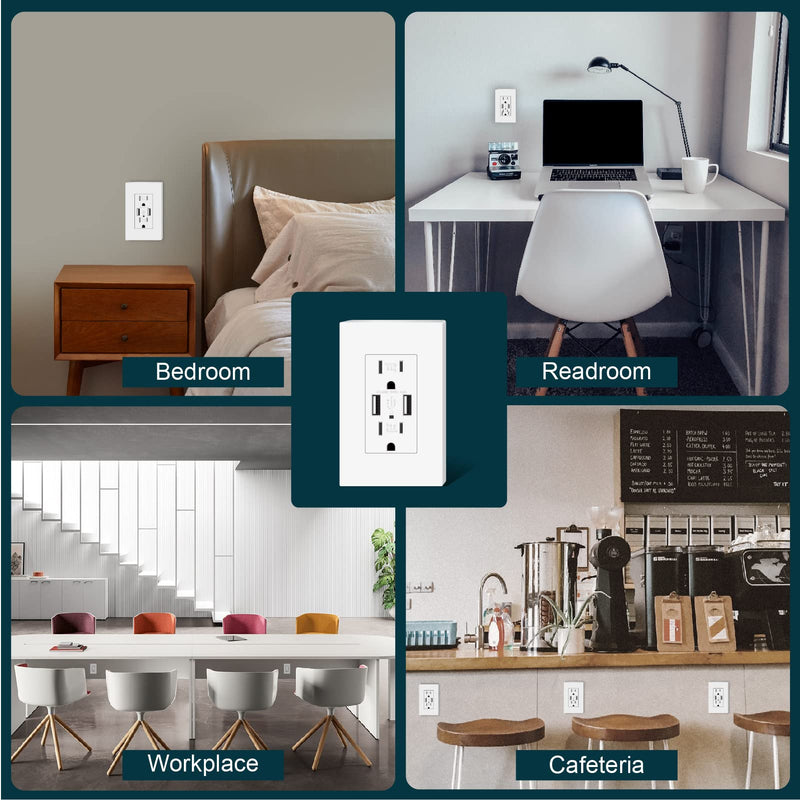 [AUSTRALIA] - TOPELER 2Pack USB Wall Outlet, 4.8A High Speed USB Ports with Smart Chip, 15A Tamper Resistant Electrical Receptacle Socket, Screwless Wall Plate Included, UL & FCC Approved White 
