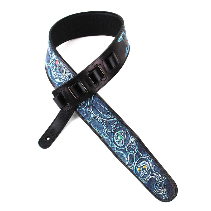 Walker & Williams KH-09-BLU Electric Blue Barbed Skulls In Carved Leather With Padded Back