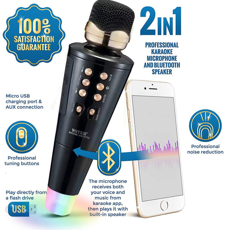 Jet Black WSTER Karaoke Microphone & Speaker, Kids Bluetooth Karaoke Microphone Portable Mic Player Speaker with LED for Christmas Birthday Home Party KTV Outdoor