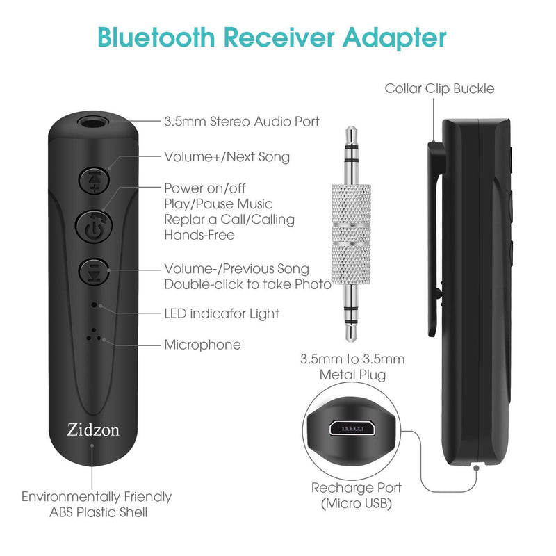 Bluetooth Receiver Portable Zidzon Car Adapter&Bluetooth Car Aux Adapter for Music Streaming Sound System Audio Adapter & Wireless Car Kits for Home/Car Audio Stereo System Data Cables(Black) Black