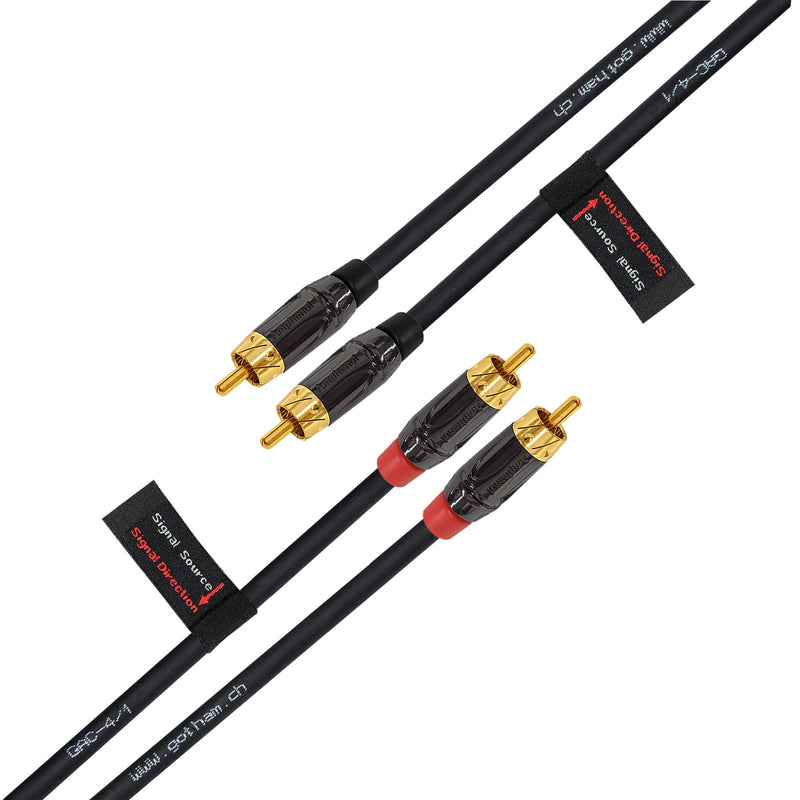 0.5 Foot RCA Cable Pair - Gotham GAC-4/1 (Black) Star-Quad Audio Interconnect Cable with Amphenol ACPL Black Chrome Body, Gold Plated RCA Connectors - Directional