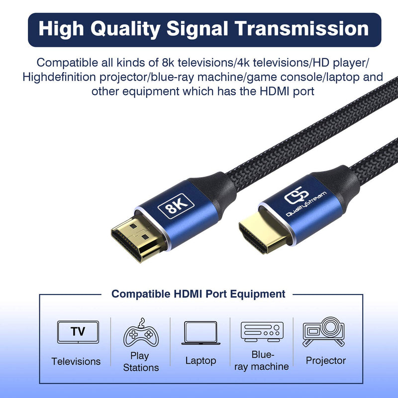 3ft 8K HDMI 2.1 Cable - Ultra HD High Speed 48Gbps 120hz HDMI Cord, Gold Connectors, Nylon Braided, Compatible with Play Station Xbox PS4 Samsung Roku Apple OLED TV 3 Feet (1 Meter)