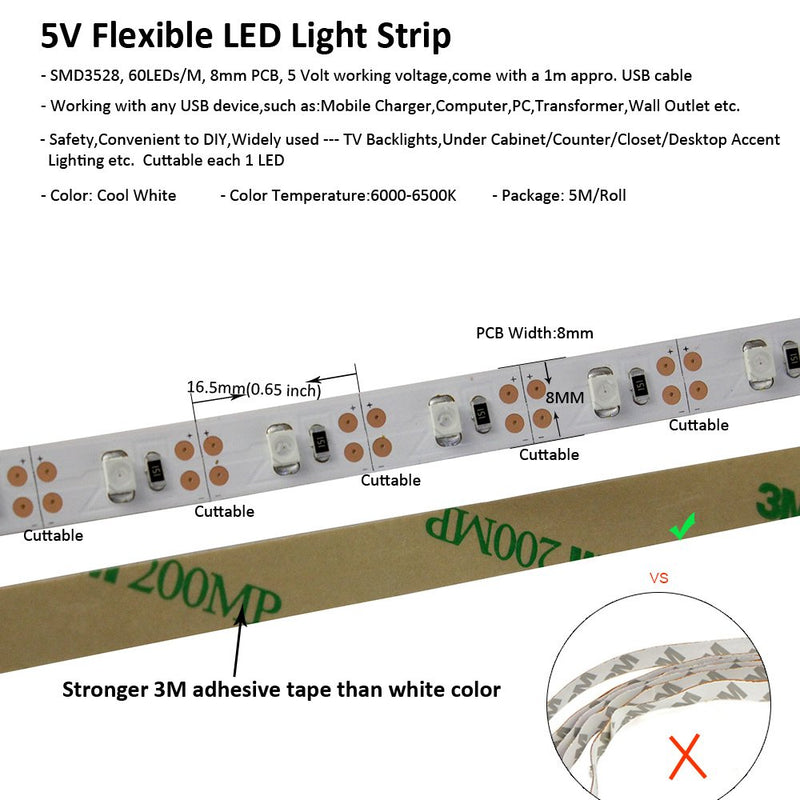 [AUSTRALIA] - USB LED Strip Light White 5V 5M 300 SMD 3528 with 3M Tape for TV PC Computer Case Back Lighting,Under Counter Light (Non-Waterproof, Cool White 6000-6500K,Pack of 5M) 5M,3528,Non-waterproof 