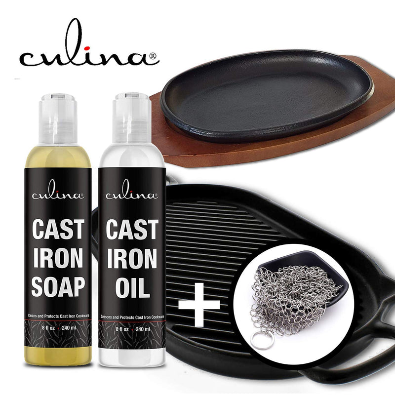 Culina Cast Iron Soap Set & Conditioning Oil & Stainless Scrubber | All Natural Ingredients | Best for Cleaning, Non-stick Cooking & Restoring | for Cast Iron Cookware, Skillets, Pans & Grills!…