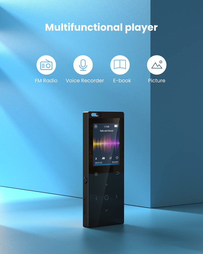 128GB MP3 Player, DODOSOUL Music Player with Bluetooth 5.2, Shuffle, Single Loop, FM Radio, Built-in HD Speaker, Voice Recorder, Mini Design, HiFi Sound, Ideal for Sport, Earphones Included