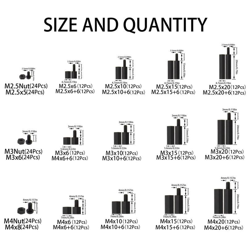 Rrina 432Pcs M2.5 M3 M4 Male Female Nylon Hex Standoff Screw Nut Threaded Pillar PCB Motherboard Assortment Kit