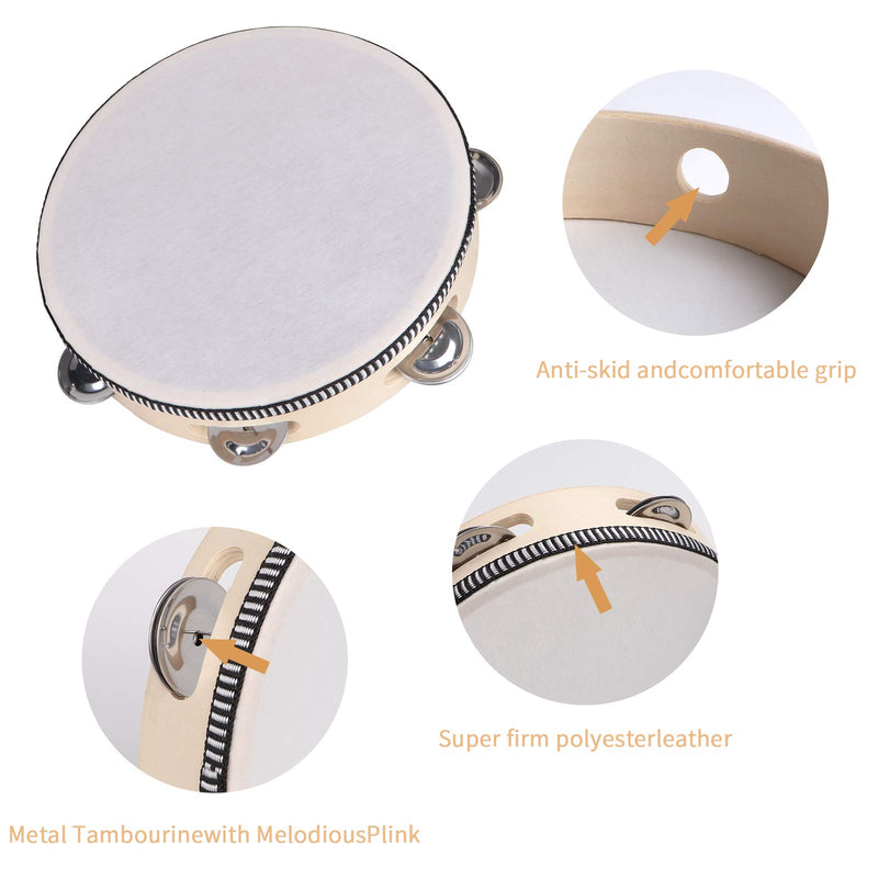 Dreokee Tambourine for Adults, 8 inch Wood Handheld Tambourine Single Row 6 Pairs Jingles 8inches