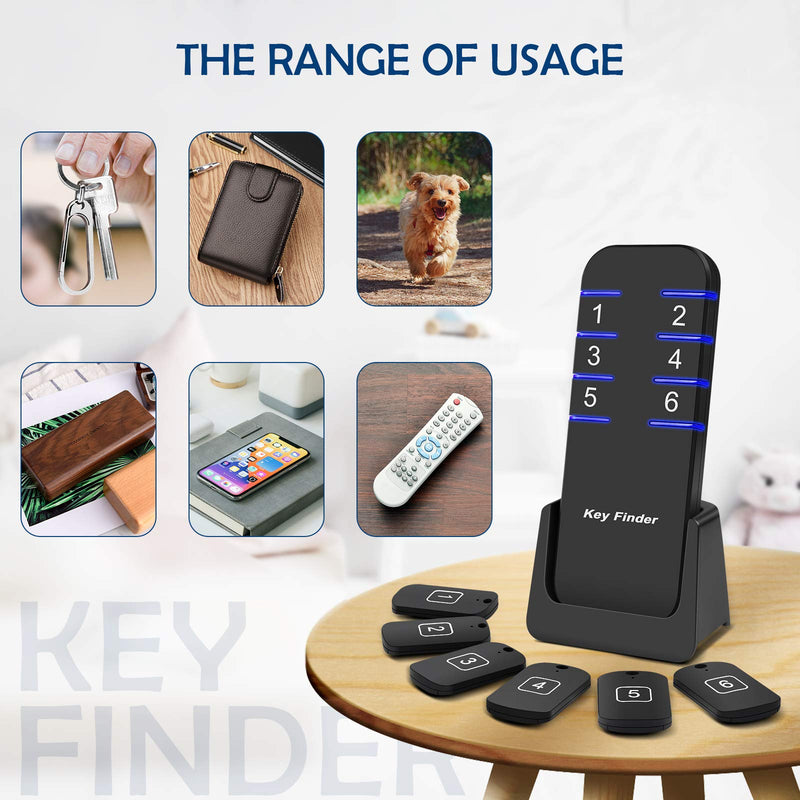 Key Finder, Wireless RF Item Finder 1 Transmitter and 6 Receivers, 133ft Working Range, Beeper and Led Flash, Remote Finding Pet, Purse, Key, Etc