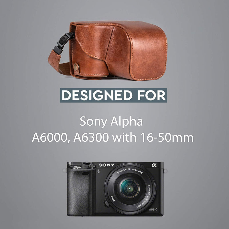 MegaGear Ever Ready MG559 Genuine Leather Camera Case, Bag for Sony Alpha A6000, A6300 with 16-50mm (Dark Brown) Dark Brown