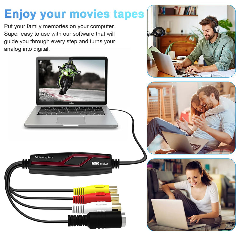 DIGITNOW USB 2.0 Video Capture Card Device Converter, Easy to Use Capture, Edit and Save Analog Video to Digital Files for Your Mac OS X or Windows 7 8 10 PC, One Touch VHS VCR TV to DVD