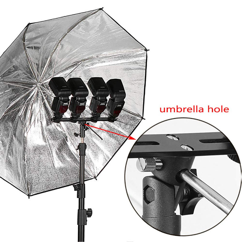 EXMAX E4 Camera Flash Speedlite Mount Four Hot Shoes Flash Light Stand Bracket with Umbrella Holder Swivel Mount Compatible with Camera and Other DSLR Flashes Speedlite Studio LED Light