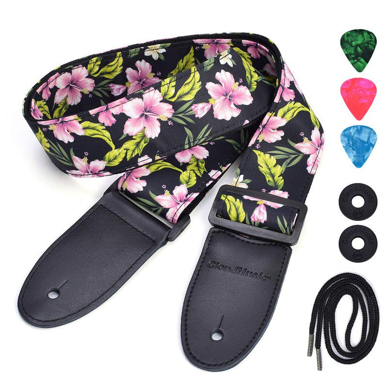 CLOUDMUSIC Guitar Strap Flowers Hibiscus For Acoustic Electric Bass(Pink Hibiscus In Black) Pink Hibiscus In Black