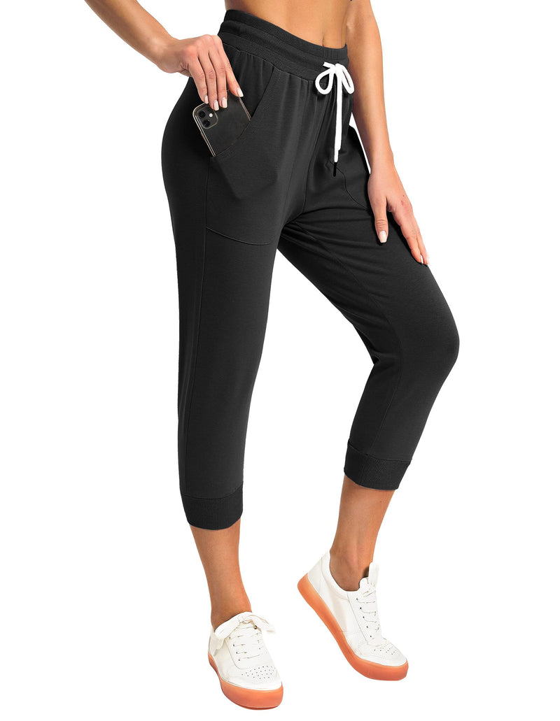 SPECIALMAGIC Women's Sweatpants Capri Pants Cropped Jogger Running Pants Lounge Loose Fit Drawstring Waist with Side Pockets Black Small