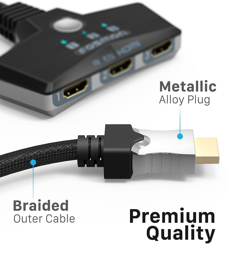 Fosmon 3-Port HDMI Switch, HDR, HDMI 2.0, HDCP 2.2, 4K@60HZ 1080p (Automatic Switching Nylon Braided Pigtail Cable) Wall Mountable Switcher Splitter with 3 Pack Durable HDMI Cable 6FT