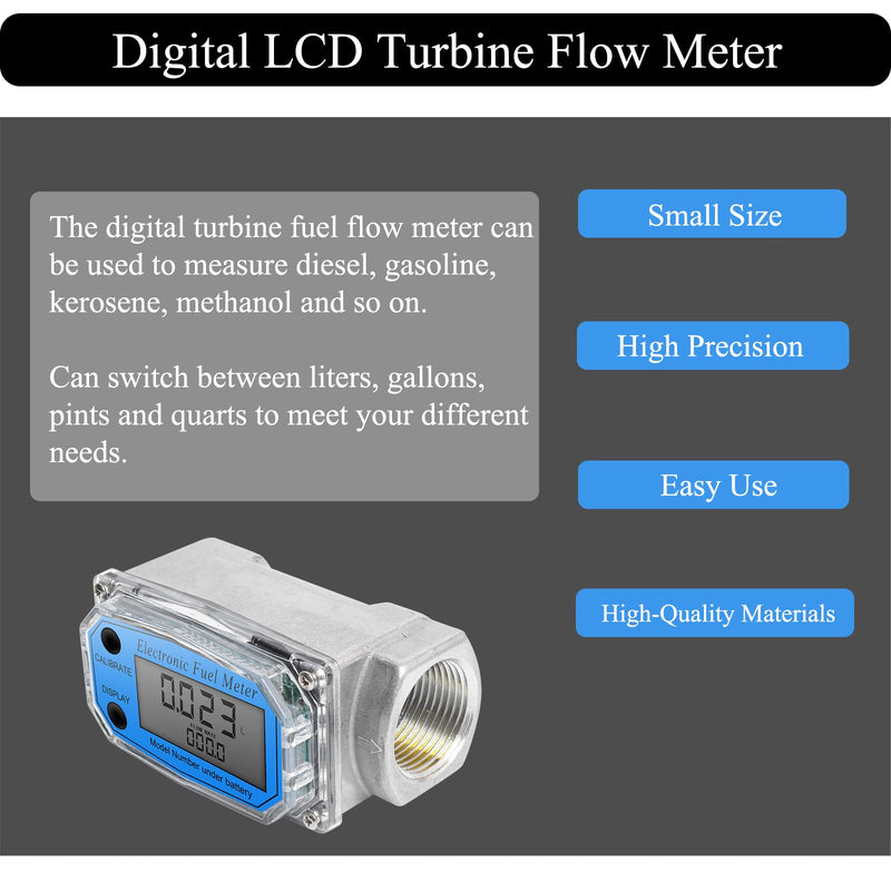 YFIXTOOL 1" Digital Turbine Flow Meter, LCD Digital Display Flowmeter, Gas Oil Fuel Flowmeter for Diesel, Kerosene, Gasoline, Aluminum Stainless Steel. Flow Rate of 10-100LPM(2.6-26GPM). 1inch