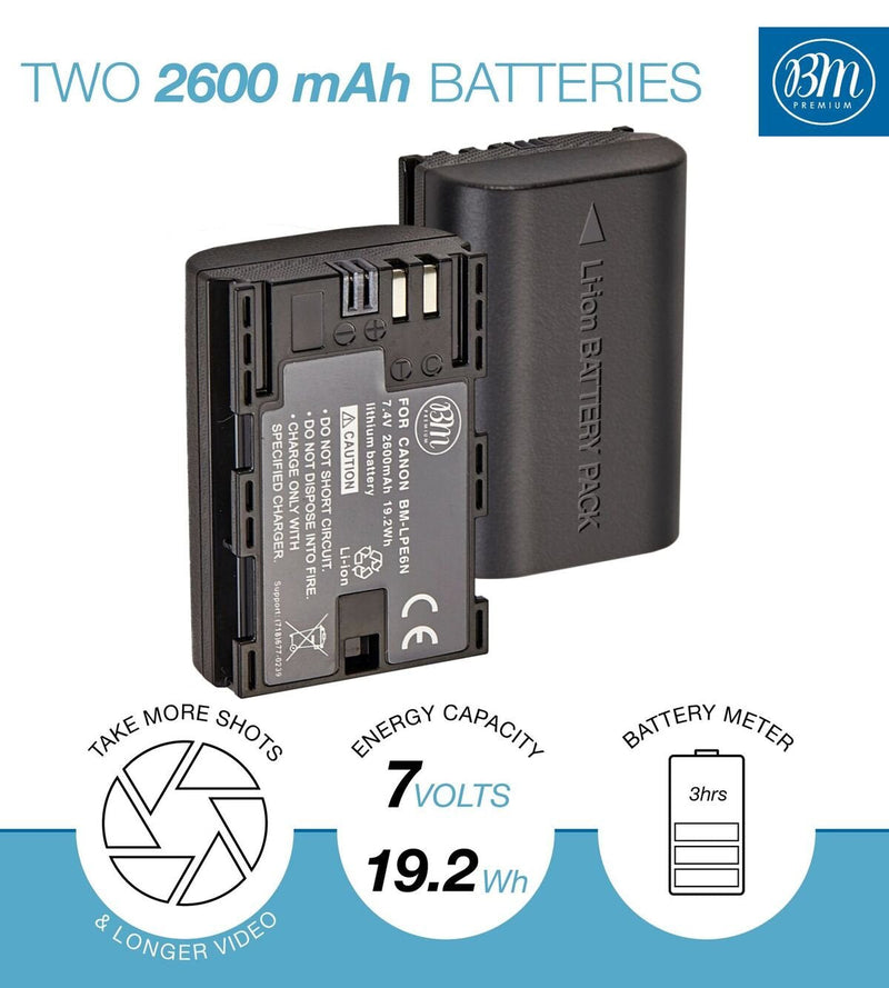 [AUSTRALIA] - BM 2-Pack of LP-E6N Batteries and Dual Battery Charger for Canon EOS R, EOS R5, EOS 90D, EOS 60D, EOS 70D, EOS 80D, EOS 5D II, 5D III, 5D IV, EOS 6D, EOS 6D II, EOS 7D, EOS 7D II, XC10, XC15 Cameras 