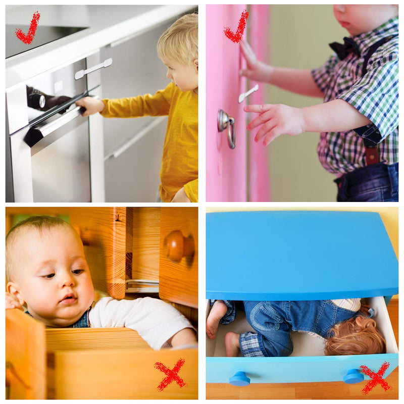 Child Safety Cabinet Locks - (10 Pack) Baby Proofing Latches to Drawer Door Fridge Oven Toilet Seat Kitchen Cupboard Appliance Trash Can with 3M Adhesive - Adjustable Strap No Drill No Tool White