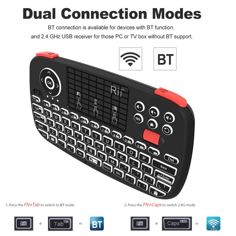 (Upgrade) Rii i4 Mini Bluetooth Keyboard with Touchpad, Blacklit Portable Wireless Keyboard with 2.4G USB Dongle for Smartphones, PC, Tablet, Laptop TV Box iOS Android Windows Mac.Black Newest Version i4 BT+2.4G