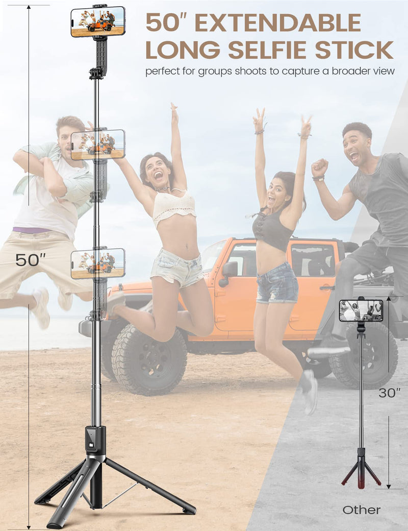 Selfie Stick Tripod with Remote, ANXRE 50" Portable 5 in 1 Selfie Stick Phone Tripod, Wireless Selfie Stick Tripod for Cell Phone Compatible with iPhone 14/13 Pro Max Gopro Android DJI (Black) Black [Reinforced Stability Tripod＆50" Extra Long]