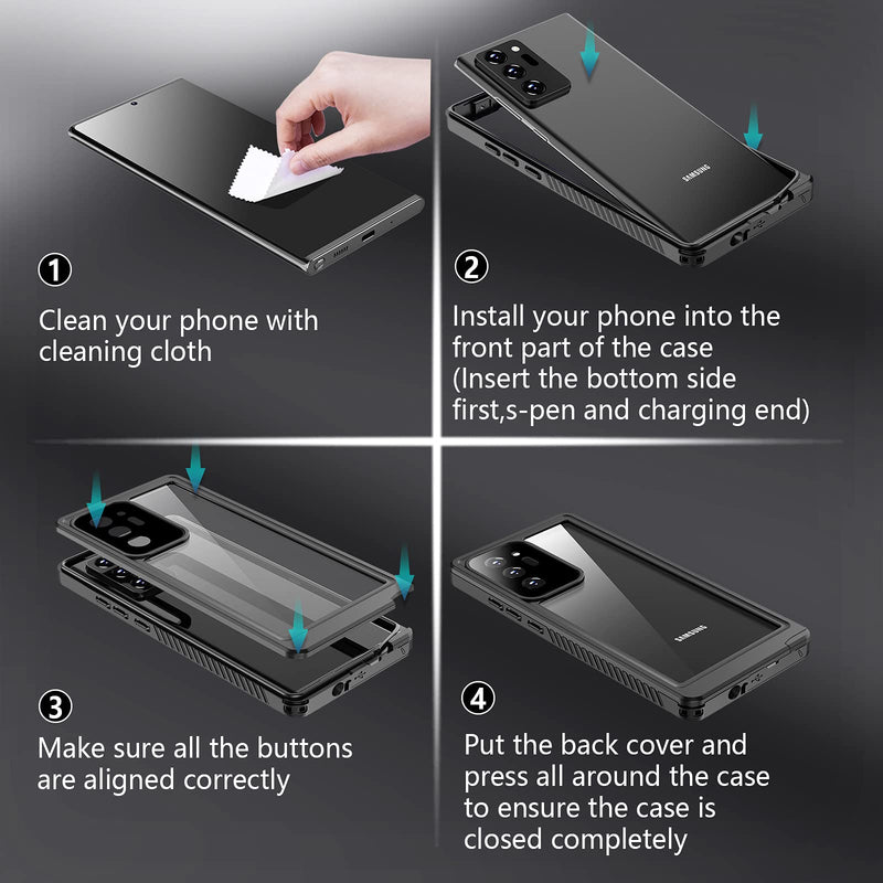 Vapesoon for Galaxy Note 20 Ultra Waterproof Case, Built-in Screen Protector Full-Body Protection Heavy Duty Shock-Proof dust-Proof Cover Case for Samsung Galaxy Note 20 Ultra 6.9 inch (Black/Clear) Black/Clear