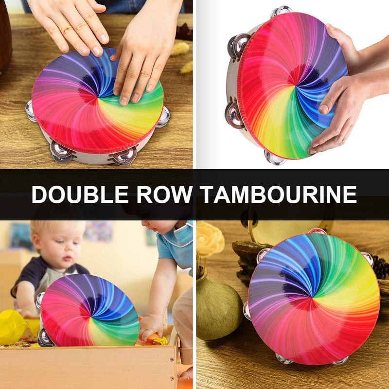 EXCEART 8 Inch Double Row Tambourine Fashionable Beating Drum for Adult and Children (Rainbow Color) Rainbow color