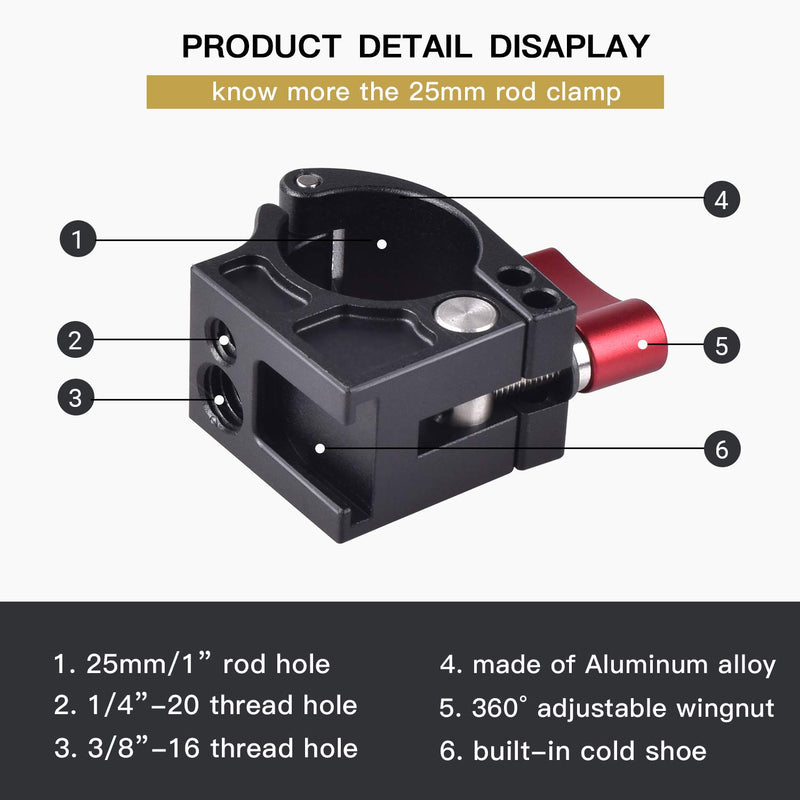 MOSHUSO 25mm 1 Inch Rod Clamp for DJI Ronin M Ronin MX Freely MOVI - Monitor Mount Adapter with Built-in Cold Shoe 1/4” and 3/8” Thread Holes w/ threads and cold shoe