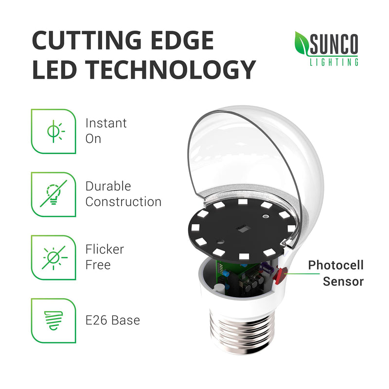 Sunco Lighting 10 Pack A19 LED Bulb with Dusk-to-Dawn, 9W=60W, 800 LM, 2700K Soft White, Auto On/Off Photocell Sensor - UL 2700K - Soft White