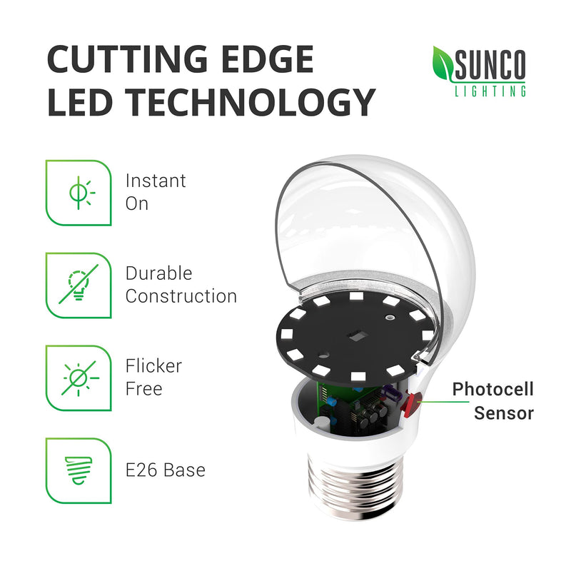Sunco Lighting 6 Pack A19 LED Bulb with Dusk-to-Dawn, 9W=60W, 800 LM, 3000K Warm White, Auto On/Off Photocell Sensor - UL
