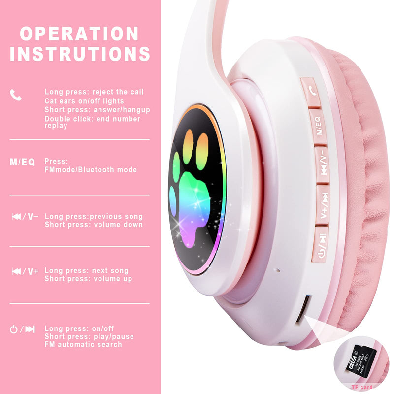 Wireless Headphones ONXE Cat Ear LED Light Up Foldable Bluetooth Headphones Over Ear w/Microphone Adjustable Kids Headsets for Online Distant Learning (Pink)