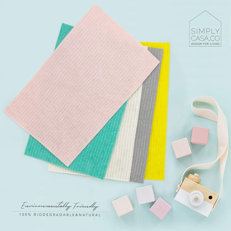 SIMPLYCASA Long Swedish Dishcloth Sponge Pack of 5, Eco-Friendly 100% Biodegradable Cellulose Sponge Cleaning Cloths, Kitchen Cloths, Cloth Made from Sweden 5 Pack - Assorted Solid Color