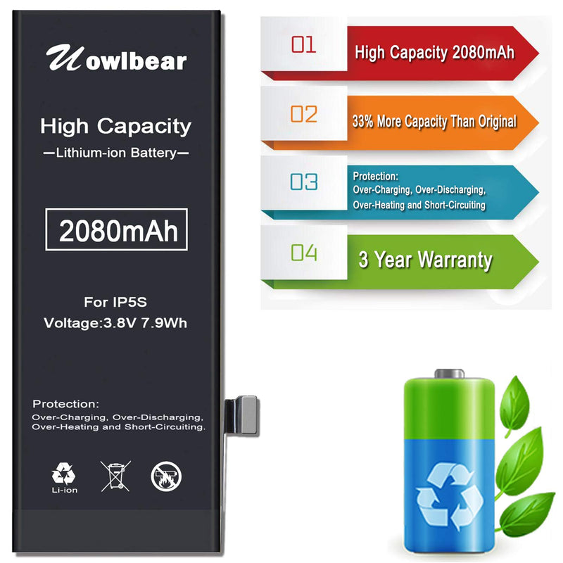 uowlbear 2080mAh Battery for iPhone 5s A1453 A1457 A1518 A1528 A1530 A1533 and iPhone 5c A1456 A1507 A1516 A1529 A1532 with Complete Replacement Kits 0 Cycle -High Capacity