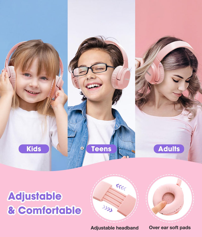 KONNAO Kids Headphones Wireless 60H, Foldable On Ear Headphone with MIC, Volume Limiter 85dB/94dB Wireless & Wired Headphones, Over-Ear Headphones for Kids School Online Classes Travel, Pink Bluetooth
