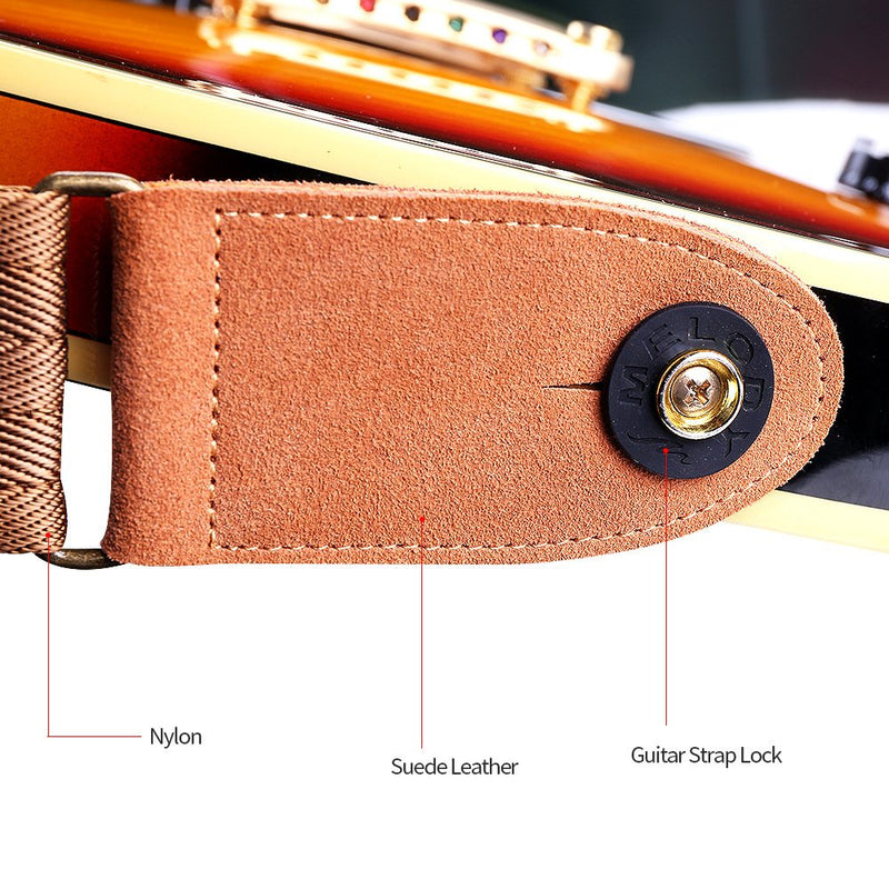 Phorcs Guitar Strap with Genuine Leather End for Electric Guitar Ukelele and Acoustic Bass - Include Guitar Picks & Guitar Strap Blocks & Button & Guitar Pick Holder Bracelet Brown