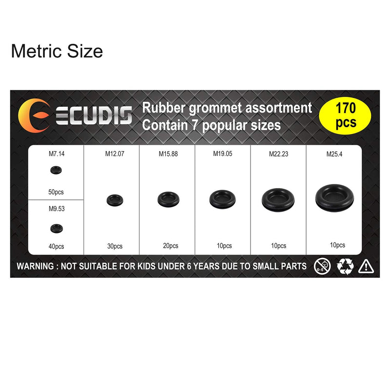 ECUDIS 170Pcs Rubber Grommet Firewall Hole Plug Set Electrical Wire Gasket Assortment, Set of 7 Different Metric Sizes for Car, Pump (Set of 1) Set of 1