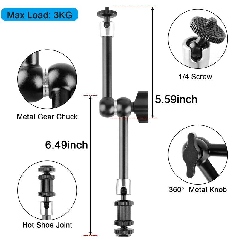 ChromLives 11 Inch Magic Arm Adjustable Articulating Friction Camera Arm W/ 1/4" Thread Screw and Hot Shoe Mount Compatible with DSLR Camera Rig, LED Lights, Flash Light, LCD Monitor Steel Magic Arm