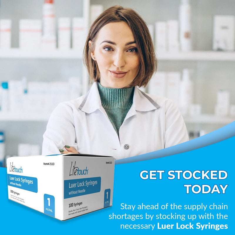 Litetouch 1ml Luer Lock Syringe, Sterile, Individually Sealed - 100 Syringes per Box (no Needle)