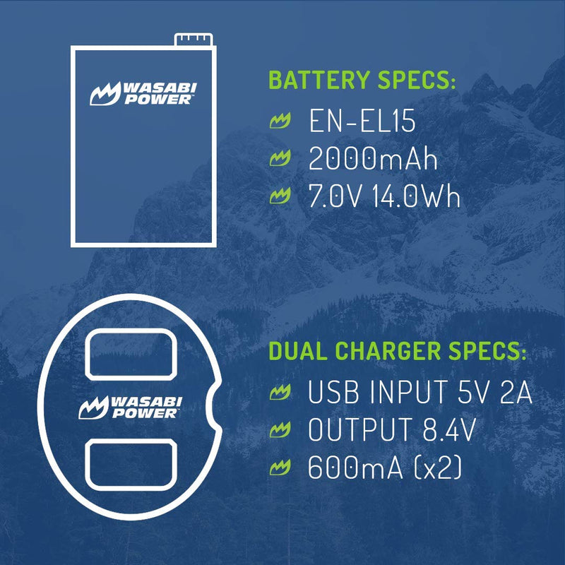 Wasabi Power Battery 2-Pack, Dual Charger for Nikon EN-EL15, EN-EL15b, EN-EL15c & D500, D600, D610, D750, D780, D800, D800E, D810, D810A, D850, D7000, D7100, D7200, D7500, Z5, Z6, Z6II, Z7, Z7II, 1 V1