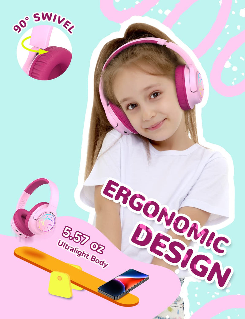 iClever Kids Bluetooth Headphones with LED Lights, BTH18 Safe Volume 74/85/94dBA, 43H Playtime, Stereo Sound, USB-C, AUX Cable, Bluetooth5.3 Over Ear Kids Headphones Wireless for Tablet/Travel, Pink