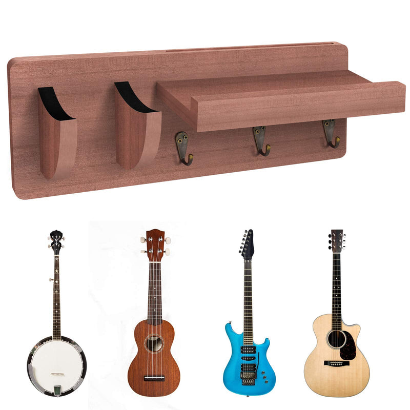 BROTOU Guitar Wall Mount Hanger, Guitar Wall Bracket Wood Guitar Hanging Rack with Pick Holder Storage Shelf and 3 Metal Hook for Guitar Accessories Electric Acoustic Bass Guitars - with 3 Free Picks