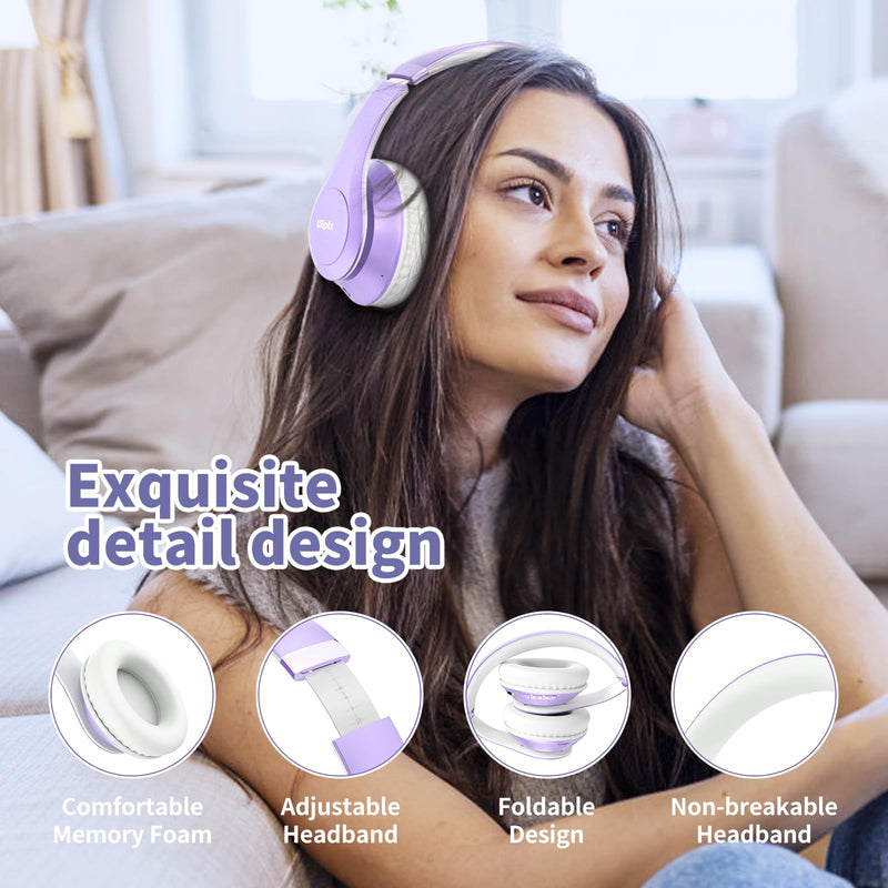 Uliptz Wireless Bluetooth Headphones, 65H Playtime, 6EQ Sound Modes, HiFi Stereo Over Ear Headphones with Microphone, Foldable Bluetooth 5.3 Headphones for Travel/Office/Cellphone/PC (Purple) Purple