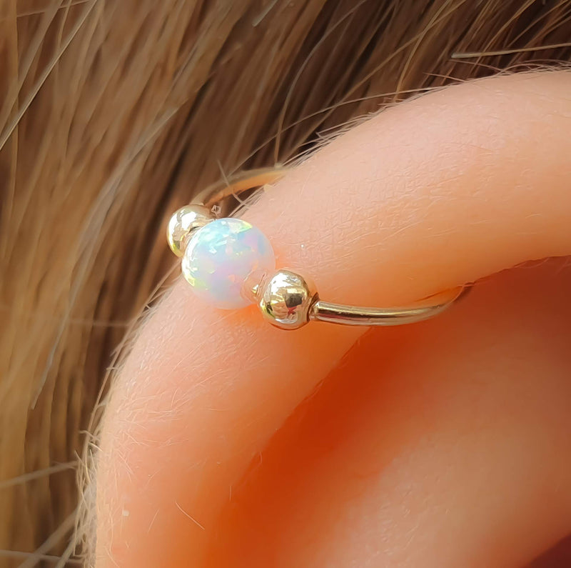 White Opal Cartilage Earring and Nose Hoop Earrings I 14k Gold Filled Helix Hoop Earring I 20 Gauge Wire Thickness Handmade Piercing I 8mm Hoop Diameter Earrings for Women White Opal Gold