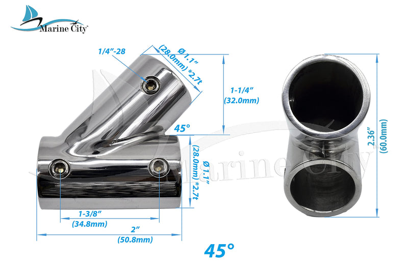 MARIEN City Tee Connector Hand Rail 45° / 60°/ 90°Fittings 3-Ways for 7/8'' Tube Marine Grade Stainless Steel Heavy Duty Boat Hardware (2Pack) 45°